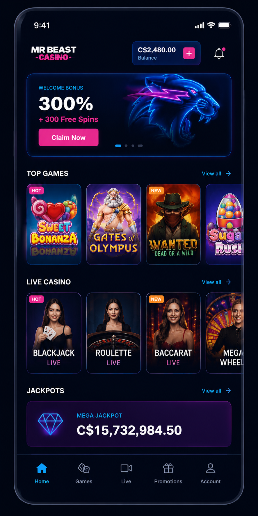 MrBeast Casino mobile interface showing casino games, live casino and promotions